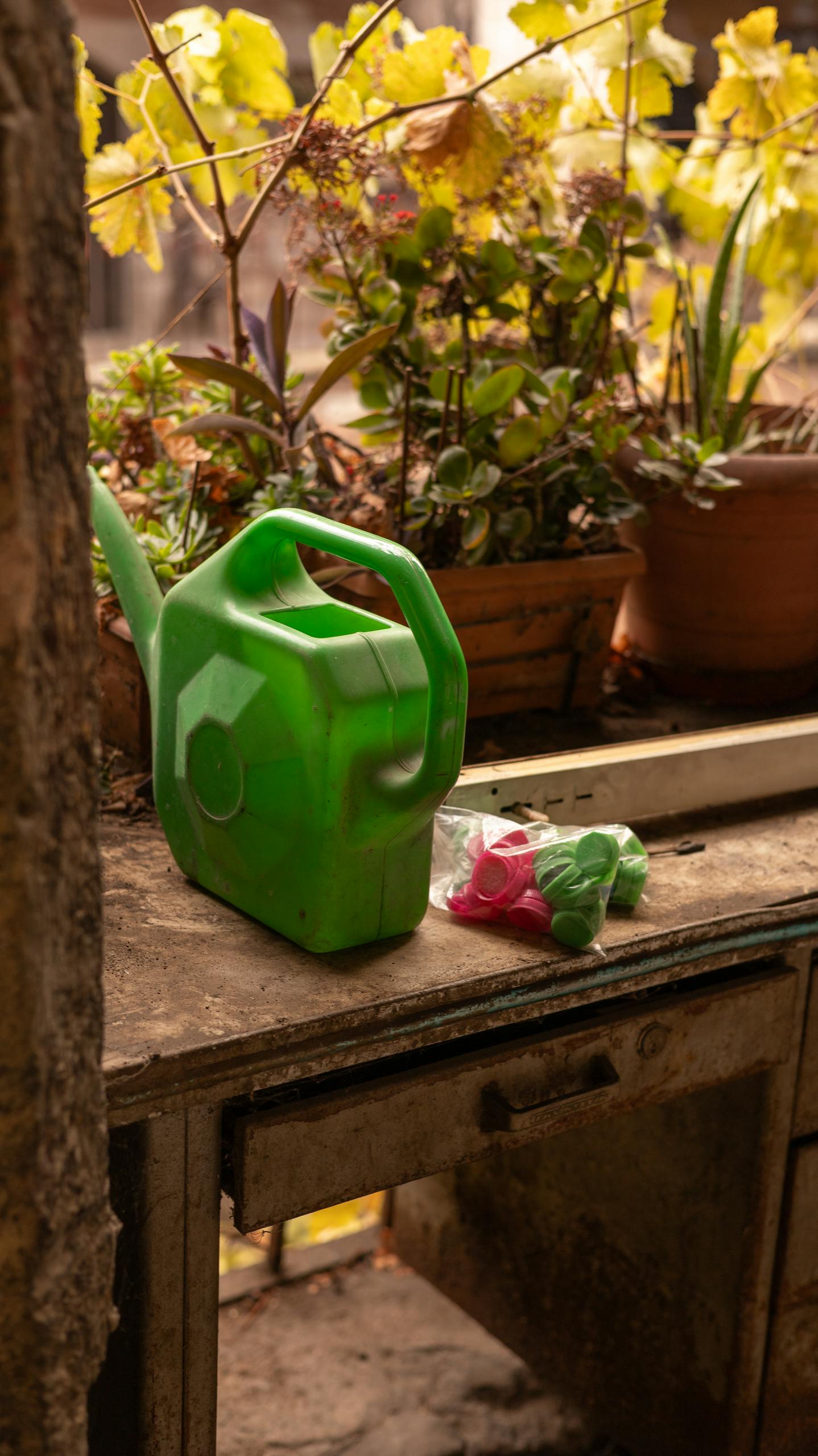 Rustic balcony scene in Istanbul with a green watering can and potted plants.